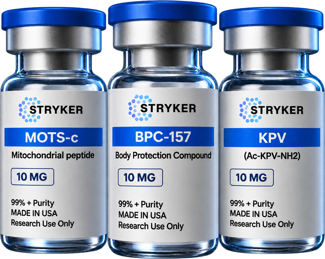 Stryker Peptides research vials: MOTS-c, BPC-157 and KPV, 10 mg, 99%+ purity, research use only.